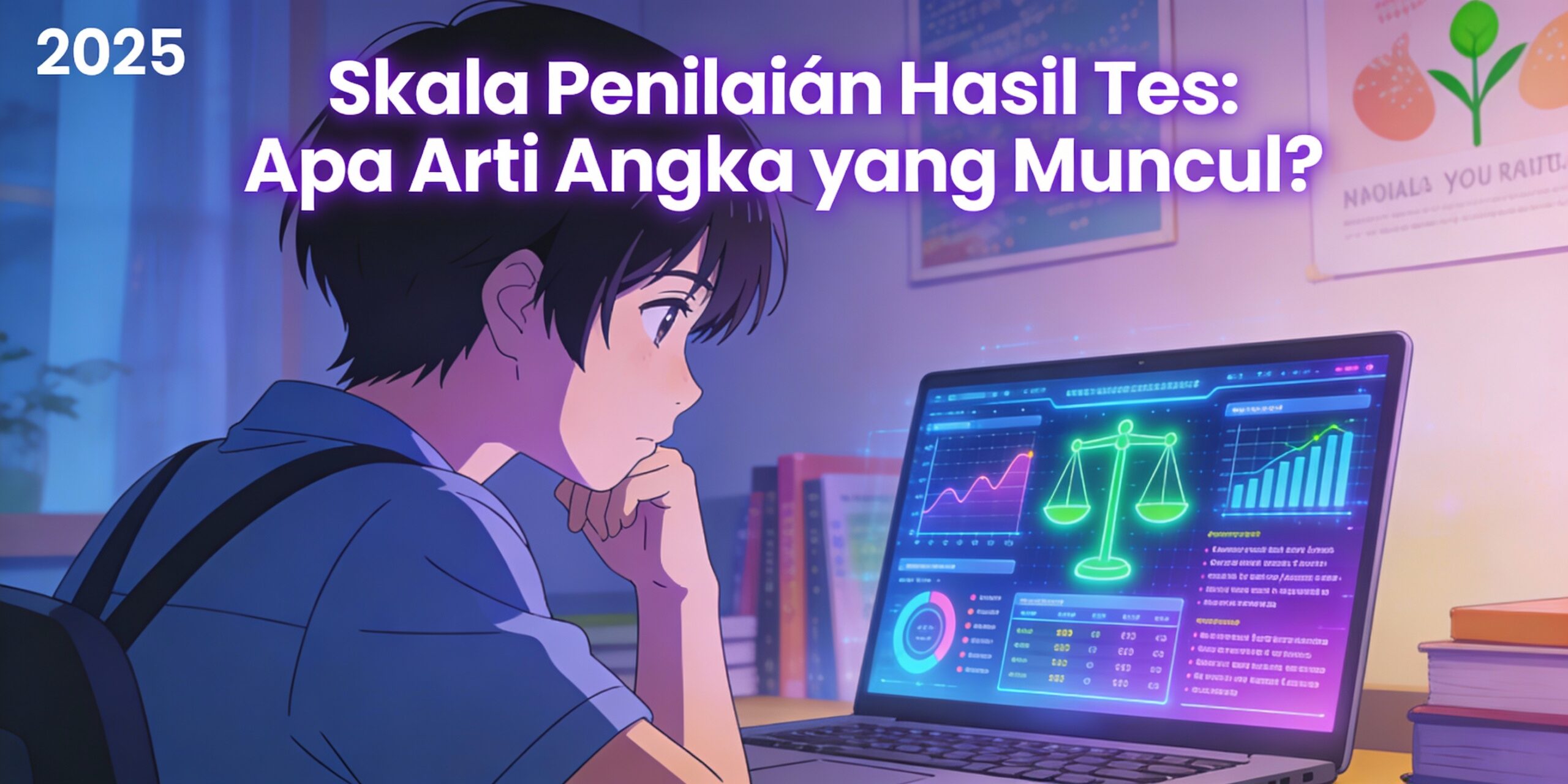 Ilustrasi anime merenungkan skala penilaian dan interpretasi angka hasil tes psikologi di layar digital.