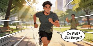 ilustrasi gaya komik dewasa, tes ketahanan fisik, jogging di taman kota, animasi profesional