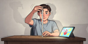 Ilustrasi animasi gaya komik seseorang melakukan tes reaksi cepat di rumah dengan menangkap penggaris dan merespons rangsangan visual.